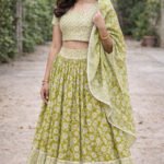 Harit Pushp Gopi Dress – Olive Green Floral Lehenga Set